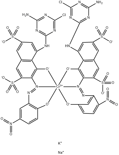 Chromate(5-),bis[5-[(4-amino-6-chloro-1,3,5-triazin-2-yl)amino]-4-hydroxy-3-[(2-hydroxy-5-nitrophenyl)azo]-2,7-naphthalenedisulfonato(4-)]-,tetrapotassium sodium Struktur