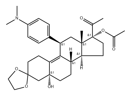 (1R,5aR,10R,11aS)-1-acetyl-10-[4-(dimethylamino)phenyl]-5a-hydroxy-11a-methyl-3,3a,3b,4,5,6,8,9,10,11-decahydro-2H-spiro[cyclopenta[a]phenanthrene-7,2'-[1,3]dioxolan]-1-yl acetate Struktur