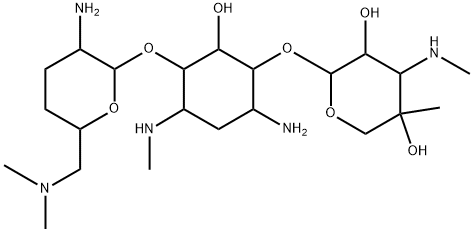 4-O-[2-Amino-6-(dimethylamino)-2,3,4,6-tetradeoxy-α-D-erythro-hexopyranosyl]-6-O-[4-C-methyl-3-(methylamino)-3-deoxy-β-L-arabino-pentopyranosyl]-N'-methyl-2-deoxy-D-streptamine Struktur