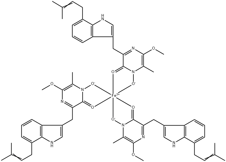 Iron, tris[1-(hydroxy-κO)-5-methoxy-6-methyl-3-[[7-(3-methyl-2-buten-1-yl)-1H-indol-3-yl]methyl]-2(1H)-pyrazinonato-κO2]- Struktur