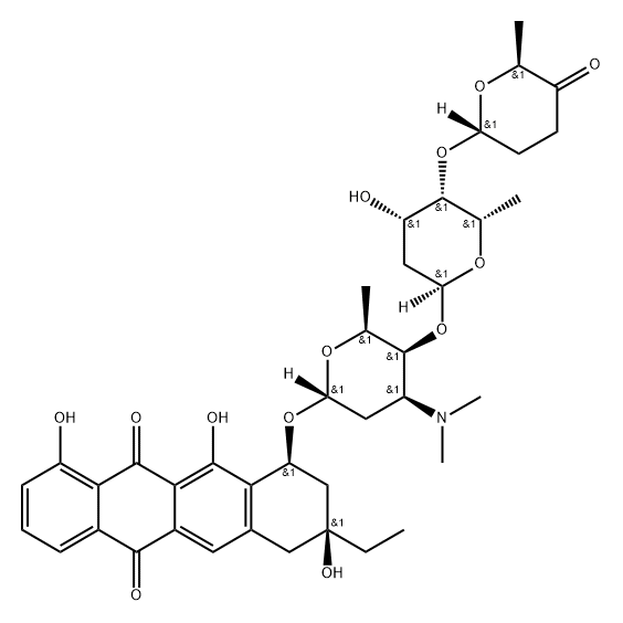 5,12-Naphthacenedione, 8-ethyl-7,8,9,10-tetrahydro-1,8,11-trihydroxy-10-[[2,3,6-trideoxy-4-O-[2,6-dideoxy-4-O-[(2R,6S)-tetrahydro-6-methyl-5-oxo-2H-pyran-2-yl]-α-L-lyxo-hexopyranosyl]-3-(dimethylamino)-α-L-lyxo-hexopyranosyl]oxy]-, (8S,10S)- Struktur