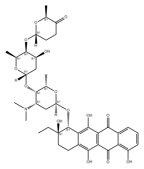 5,12-Naphthacenedione, 8-ethyl-7,8,9,10-tetrahydro-1,6,8,11-tetrahydroxy-7-[[2,3,6-trideoxy-4-O-[2,6-dideoxy-4-O-[(2R,6S)-tetrahydro-6-methyl-5-oxo-2H-pyran-2-yl]-α-L-lyxo-hexopyranosyl]-3-(dimethylamino)-α-L-lyxo-hexopyranosyl]oxy]-, (7R,8R)- Struktur