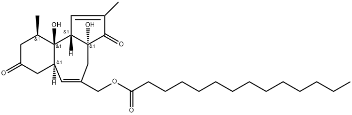 Myristic acid [(3aR)-3,3a,4,6aα,7,8,9,10,10a,10bβ-decahydro-3aα,10aβ-dihydroxy-2,10β-dimethyl-3,8-dioxobenz[e]azulen-5-yl]methyl ester Struktur