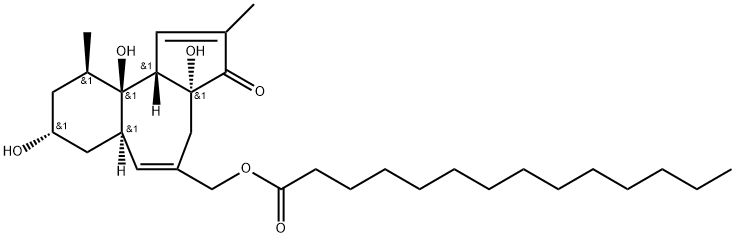 Myristic acid [(3aR)-3,3a,4,6aα,7,8,9,10,10a,10bβ-decahydro-3aα,8α,10aβ-trihydroxy-2,10β-dimethyl-3-oxobenz[e]azulen-5-yl]methyl ester Struktur