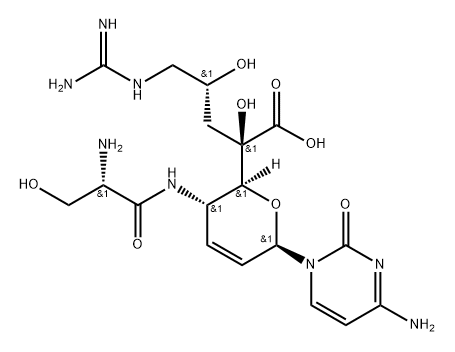 α-L-lyxo-Hept-2-enopyranuronic acid, 4-[[(2S)-2-amino-3-hydroxy-1-oxopropyl]amino]-6-C-[(2R)-3-[(aminoiminomethyl)amino]-2-hydroxypropyl]-1-(4-amino-2-oxo-1(2H)-pyrimidinyl)-1,2,3,4-tetradeoxy- Struktur