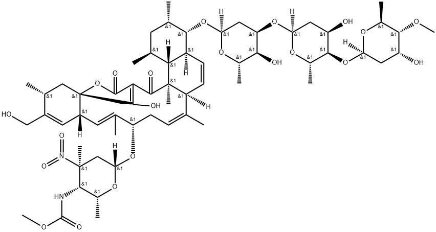 18H-16a,19-Metheno-16aH-benzo[b]naphth[2,1-j]oxacyclotetradecin-18,20(1H)-dione, 4-[(O-2,6-dideoxy-4-O-methyl-β-L-ribo-hexopyranosyl-(1→4)-O-2,6-dideoxy-α-L-ribo-hexopyranosyl-(1→3)-2,6-dideoxy-α-L-ribo-hexopyranosyl)oxy]-2,3,4,4a,6a,9,10,12a,15,16,20a,20b-dodecahydro-21-hydroxy-14-(hydroxymethyl)-1,3,7,11,15,20a-hexamethyl-10-[[2,3,4,6-tetradeoxy-4-[(methoxycarbonyl)amino]-3-C-methyl-3-nitro-β-D-xylo-hexopyranosyl]oxy]-, (1S,3S,4S,4aS,6aS,7E,10S,11E,12aS,15R,16aS,20aS,20bR)-