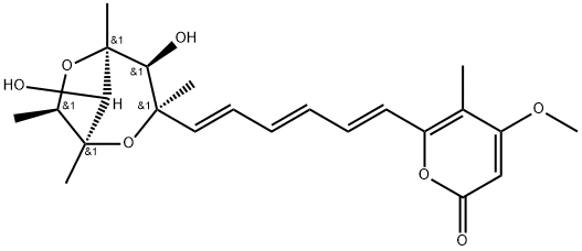 4-Methoxy-5-methyl-6-[(1E,3E,5E)-6-[(1R,8S)-4α,8-dihydroxy-1α,3,5α,7α-tetramethyl-2,6-dioxabicyclo[3.2.1]octan-3α-yl]-1,3,5-hexatrienyl]-2H-pyran-2-one Struktur