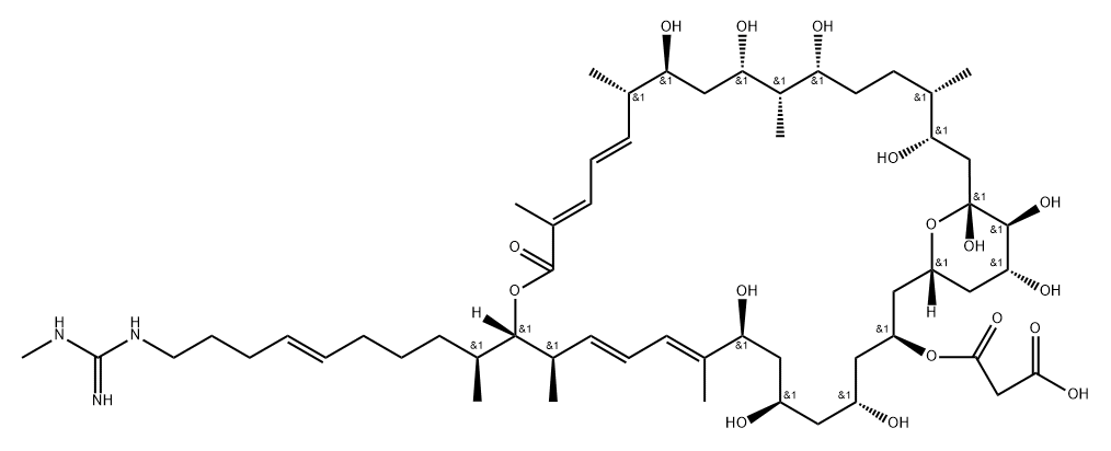 2,3-Didehydro-35-de[11-[[imino(methylamino)methyl]amino]-1,3-dimethyl-7-undecenyl]-28-demethyl-3-deoxy-35-[9-[[imino(methylamino)methyl]amino]-1-methyl-5-nonenyl]-30-methylscopafungin Struktur