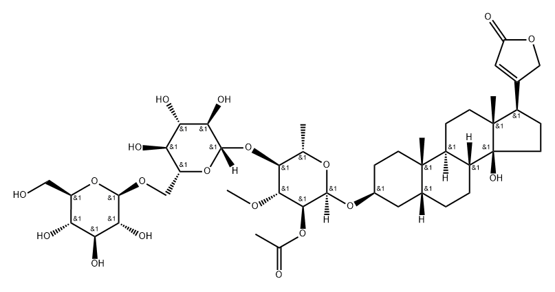 Card-20(22)-enolide, 3-[(O-β-D-glucopyranosyl-(1→6)-O-β-D-glucopyranosyl-(1→4)-2-O-acetyl-6-deoxy-3-O-methyl-α-L-glucopyranosyl)oxy]-14-hydroxy-, (3β,5β)- Struktur