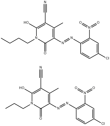 3-Pyridinecarbonitrile, 1-butyl-5-[(4-chloro-2-nitrophenyl)azo]-1,6-dihydro-2-hydroxy-4-methyl-6-oxo-, mixture with 5-[(4-chloro-2-nitrophenyl)azo]-1,6-dihydro-2-hydroxy-4-methyl-6-oxo-1-propyl-3-pyridinecarbonitrile Struktur