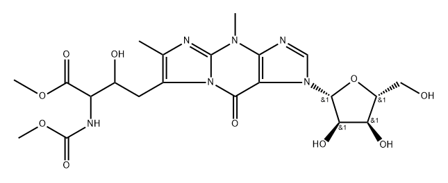 1H-Imidazo[1,2-a]purine-7-butanoic acid, 4,9-dihydro-β-hydroxy-α-[(methoxycarbonyl)amino]-4,6-dimethyl-9-oxo-1-β-D-ribofuranosyl-, methyl ester Struktur