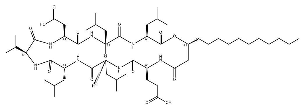 Cyclo[L-α-aspartyl-D-leucyl-L-leucyl-(3R)-3-hydroxytetradecanoyl-L-α-glutamyl-L-leucyl-D-leucyl-L-valyl] Struktur