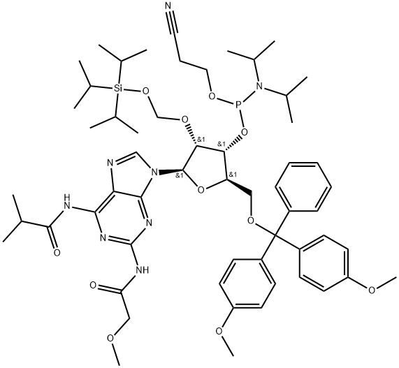 Adenosine, 5'-O-[bis(4-methoxyphenyl)phenylmethyl]-2-[(methoxyacetyl)amino]-N-(2-methyl-1-oxopropyl)-2'-O-[[[tris(1-methylethyl)silyl]oxy]methyl]-, 3'-[2-cyanoethyl bis(1-methylethyl)phosphoramidite] (9CI) Struktur