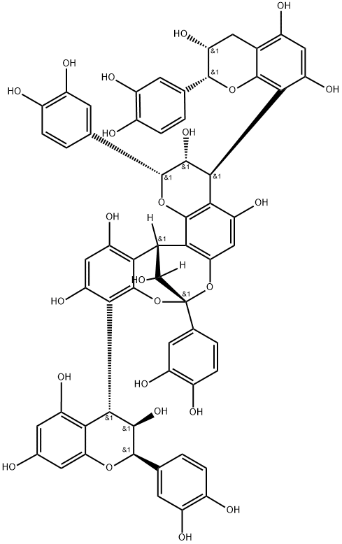 8,14-Methano-2H,14H-1-benzopyrano[7,8-d][1,3]benzodioxocin-3,5,11,13,15-pentol, 2,8-bis(3,4-dihydroxyphenyl)-10-[(2R,3R,4R)-2-(3,4-dihydroxyphenyl)-3,4-dihydro-3,5,7-trihydroxy-2H-1-benzopyran-4-yl]-4-[(2R,3R)-2-(3,4-dihydroxyphenyl)-3,4-dihydro-3,5,7-trihydroxy-2H-1-benzopyran-8-yl]-3,4-dihydro-, (2R,3R,4S,8R,14R,15R)- Struktur