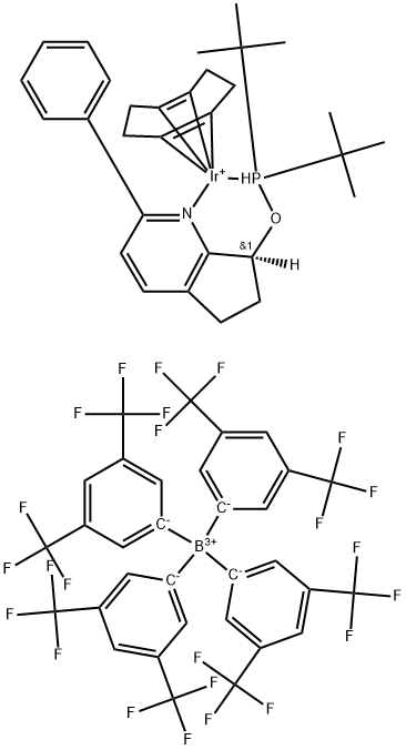 (S)-(-)-[(1,5-Cyclooctadien-7-(2-phenyl-6,7-dihydro-5H-[1]pyridin)-di-(tert-butyl)phosphiniteiridium(I)]tetrakis[3,5-bis(trifluoromethyl)phenyl]borate Struktur