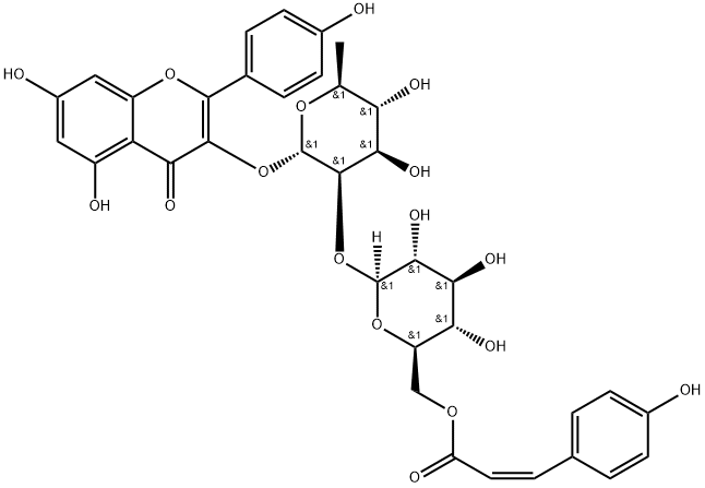 4H-1-Benzopyran-4-one, 3-[[6-deoxy-2-O-[6-O-[(2Z)-3-(4-hydroxyphenyl)-1-oxo-2-propen-1-yl]-β-D-glucopyranosyl]-α-L-mannopyranosyl]oxy]-5,7-dihydroxy-2-(4-hydroxyphenyl)- Struktur