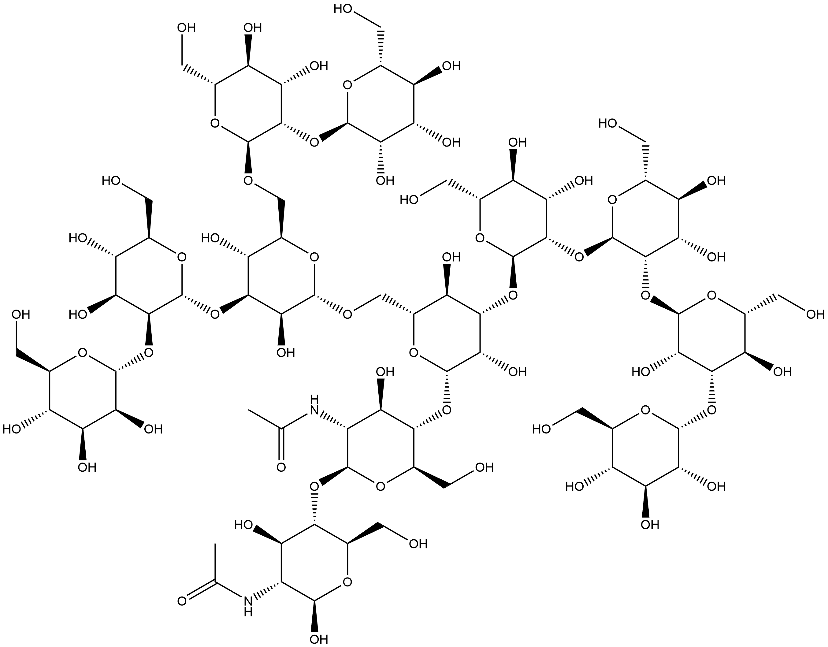 O-alpha-D-Glucopyranosyl-(1-3)-[O-alpha-D-mannopyranosyl-(1-2)]2-O-alpha-D-mannopyranosyl-(1-3)-O-[O-alpha-D-mannopyranosyl-(1-2)-O-alpha-D-mannopyranosyl-(1-3)-O-[O-alpha-D-mannopyranosyl-(1-2)-alpha-D-mannopyranosyl-(1-6)]-alpha-D-mannopyranosyl-(1-6)]-O-beta-D-mannopyranosyl-(1-4)-O-2-(acetylamino)-2-deoxy-beta-D-glucopyranosyl-(1-4)-2-(acetylamino)-2-deoxy-beta-D-glucopyranose Struktur