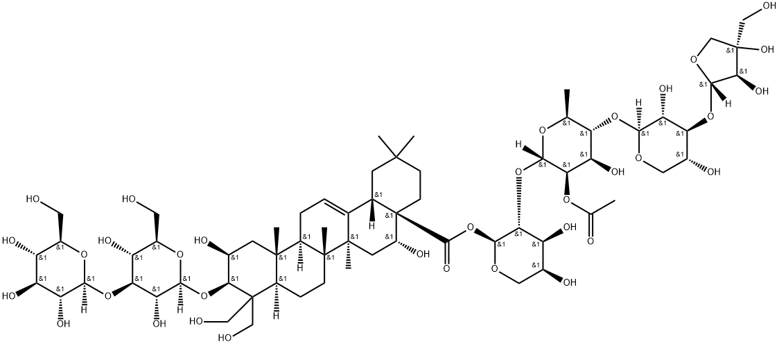 Olean-12-en-28-oic acid, 3-[(3-O-β-D-glucopyranosyl-β-D-glucopyranosyl)oxy]-2,16,23,24-tetrahydroxy-, O-D-apio-β-D-furanosyl-(1→3)-O-β-D-xylopyranosyl-(1→4)-O-2-O-acetyl-6-deoxy-α-L-mannopyranosyl-(1→2)-α-L-arabinopyranosyl ester, (2β,3β,16α)- Struktur