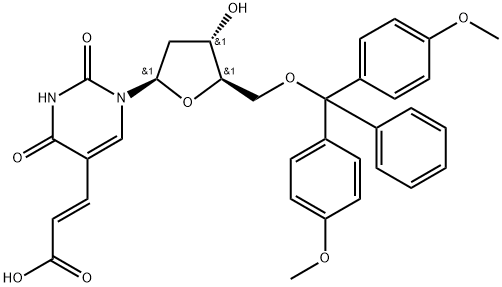 2-Propenoic acid, 3-[1-[5-O-[bis(4-methoxyphenyl)phenylmethyl]-2-deoxy-β-D-erythro-pentofuranosyl]-1,2,3,4-tetrahydro-2,4-dioxo-5-pyrimidinyl]-, (2E)- Struktur