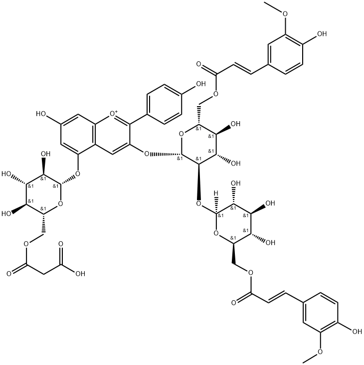 Pelargonidin 3-O-[6-O-(E)-Ferulyl-2-O-{6-O-(E)-Ferulyl-β-D-glucoside}-β-D-glucoside]-5-O-(6-O-malonyl)-β-D-glucoside Struktur