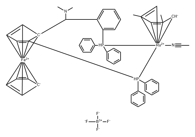 ((S)-1-Diphenyl phosphino-2-[(R)-a-(N,N-dimethyl amino)-o-diphenyl phosphinophenyl)methyl]ferrocene)-(eta5-2,4-dimethyl pentadienyl)(N-acetonitrile)ruthenium(II)tetrafluoroborate Struktur