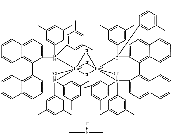 Dimethylammoniumdichlorotri(μ-chloro)bis{(R)-(+)-2,2'-bis[di(3,5-xylyl)phosphino]-1,1'-binaphthyl}diruthenate(II)[NH2Me2][{RuCl((R)-xylbinap)} 2(μ-Cl)3]　 Struktur