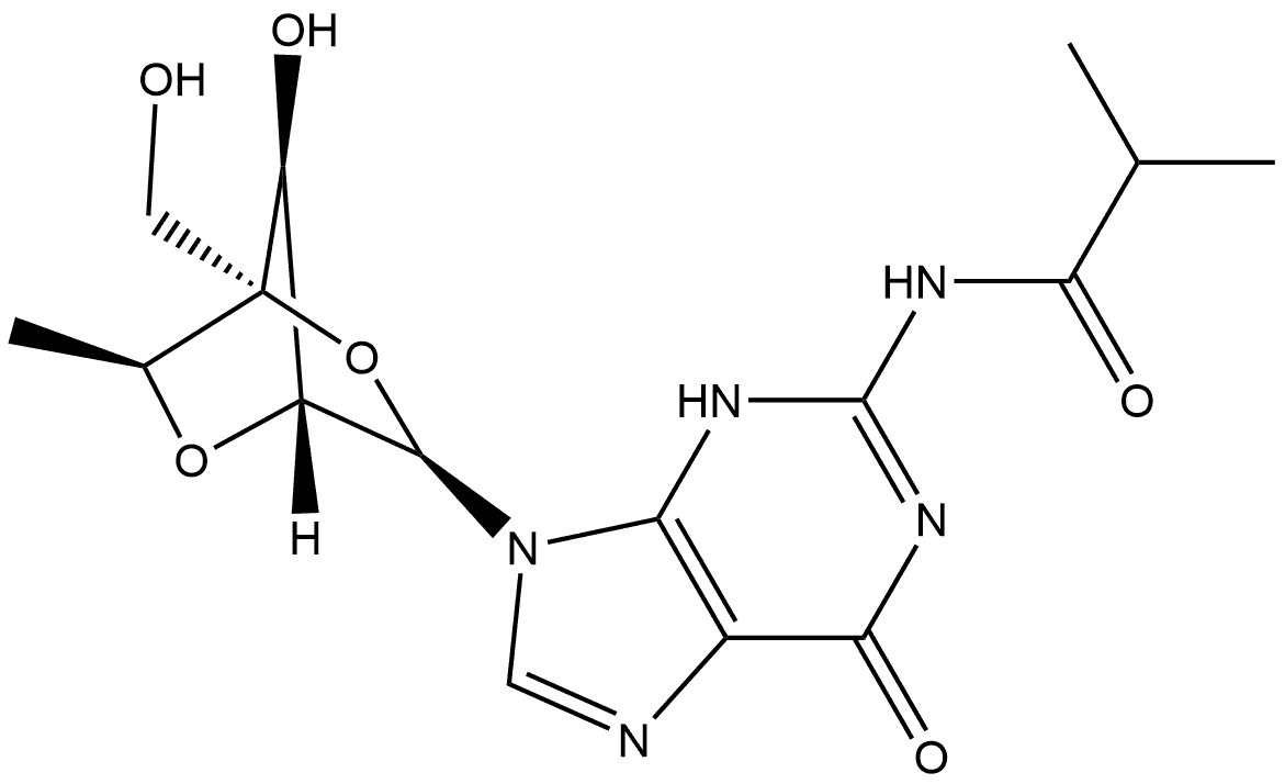 Propanamide, N-[9-[2,5-anhydro-6-deoxy-4-C-(hydroxymethyl)-α-L-mannofuranosyl]-6,9-dihydro-6-oxo-1H-purin-2-yl]-2-methyl- Struktur