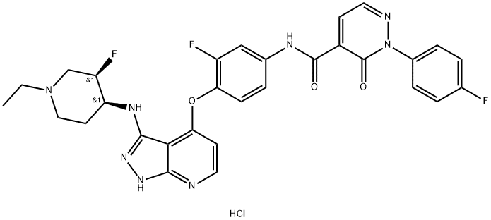 4-Pyridazinecarboxamide, N-[4-[[3-[[(3R,4S)-1-ethyl-3-fluoro-4-piperidinyl]amino]-1H-pyrazolo[3,4-b]pyridin-4-yl]oxy]-3-fluorophenyl]-2-(4-fluorophenyl)-2,3-dihydro-3-oxo-, hydrochloride (1:2), rel- Struktur