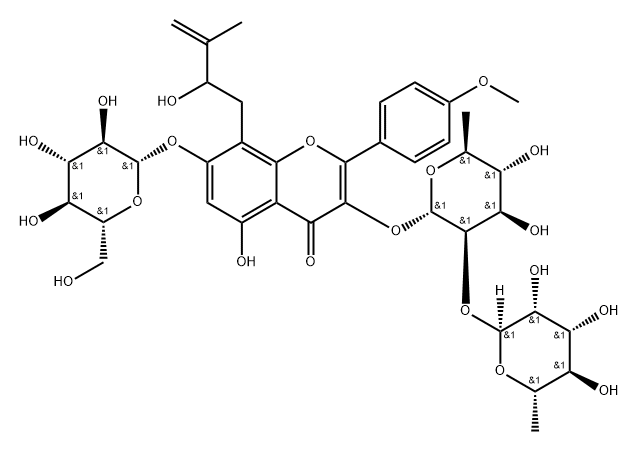 4H-1-Benzopyran-4-one, 3-[[6-deoxy-2-O-(6-deoxy-α-L-mannopyranosyl)-α-L-mannopyranosyl]oxy]-7-(β-D-glucopyranosyloxy)-5-hydroxy-8-(2-hydroxy-3-methyl-3-buten-1-yl)-2-(4-methoxyphenyl)- Struktur