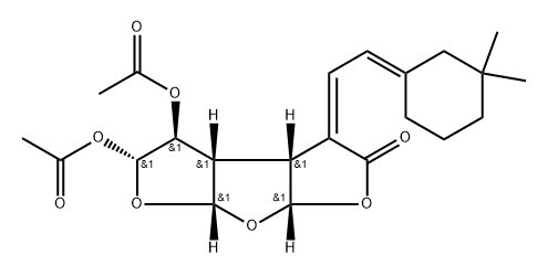 [3aS,3Z,(+)]-4β,5α-Bis(acetyloxy)-3-[2-[(Z)-3,3-dimethylcyclohexylidene]ethylidene]-3aβ,3bβ,4,5,6aβ,7aβ-hexahydrodifuro[2,3-b:3',2'-d]furan-2(3H)-one Struktur