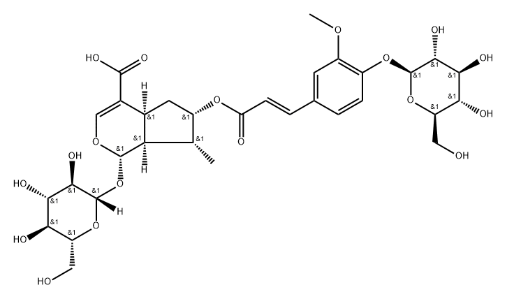 (1S)-1α-(β-D-Glucopyranosyloxy)-6α-[[(E)-3-[4-(β-D-glucopyranosyloxy)-3-methoxyphenyl]-1-oxo-2-propenyl]oxy]-1,4aα,5,6,7,7aα-hexahydro-7α-methylcyclopenta[c]pyran-4-carboxylic acid Struktur