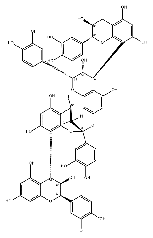 8,14-Methano-2H,14H-1-benzopyrano[7,8-d][1,3]benzodioxocin-3,5,11,13,15-pentol, 2,8-bis(3,4-dihydroxyphenyl)-10-[(2R,3R,4R)-2-(3,4-dihydroxyphenyl)-3,4-dihydro-3,5,7-trihydroxy-2H-1-benzopyran-4-yl]-4-[(2R,3S)-2-(3,4-dihydroxyphenyl)-3,4-dihydro-3,5,7-trihydroxy-2H-1-benzopyran-8-yl]-3,4-dihydro-, (2R,3R,4S,8R,14R,15R)- Struktur