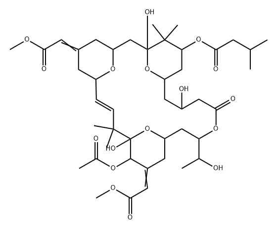 Butanoic acid, 3-methyl-, (1S,3S,5Z,7R,8E,11S,12S,13E,15S,17R,21R,23R,25S)-12-(acetyloxy)-1,11,21-trihydroxy-17-(1R)-1-hydroxyethyl-5,13-bis(2-methoxy-2-oxoethylidene)-10,10,26,26-tetramethyl-19-oxo-18,27,28,29-tetraoxatetracyclo21.3.1.13,7.111,15nonacos- Struktur