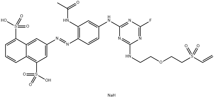 1,5-Naphthalenedisulfonic acid, 3-2-(acetylamino)-4-4-2-2-(ethenylsulfonyl)ethoxyethylamino-6-fluoro-1,3,5-triazin-2-ylaminophenylazo-, disodium salt Struktur