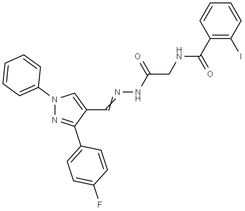 N-[2-((2E)-2-{[3-(4-FLUOROPHENYL)-1-PHENYL-1H-PYRAZOL-4-YL]METHYLENE}HYDRAZINO)-2-OXOETHYL]-2-IODOBENZAMIDE Struktur