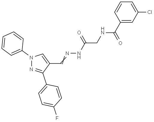 3-CHLORO-N-[2-((2E)-2-{[3-(4-FLUOROPHENYL)-1-PHENYL-1H-PYRAZOL-4-YL]METHYLENE}HYDRAZINO)-2-OXOETHYL]BENZAMIDE Struktur