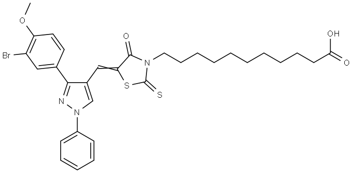 11-((5E)-5-{[3-(3-BROMO-4-METHOXYPHENYL)-1-PHENYL-1H-PYRAZOL-4-YL]METHYLENE}-4-OXO-2-THIOXO-1,3-THIAZOLIDIN-3-YL)UNDECANOIC ACID Struktur