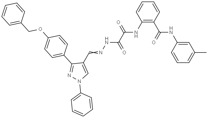 2-{[[(2E)-2-({3-[4-(BENZYLOXY)PHENYL]-1-PHENYL-1H-PYRAZOL-4-YL}METHYLENE)HYDRAZINO](OXO)ACETYL]AMINO}-N-(3-METHYLPHENYL)BENZAMIDE Struktur