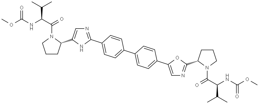 Carbamic acid, N-[(1S)-1-[[(2S)-2-[5-[4′-[5-[(2S)-1-[(2S)-2-[(methoxycarbonyl)amino]-3-methyl-1-oxobutyl]-2-pyrrolidinyl]-1H-imidazol-2-yl][1,1′-biphenyl]-4-yl]-2-oxazolyl]-1-pyrrolidinyl]carbonyl]-2-methylpropyl]-, methyl ester Struktur