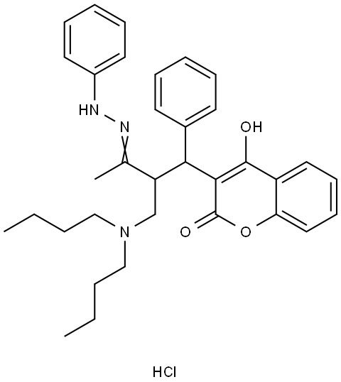 (3E)-N,N-DIBUTYL-2-[(4-HYDROXY-2-OXO-2H-CHROMEN-3-YL)(PHENYL)METHYL]-3-(PHENYLHYDRAZONO)-1-BUTANAMINIUM CHLORIDE Struktur