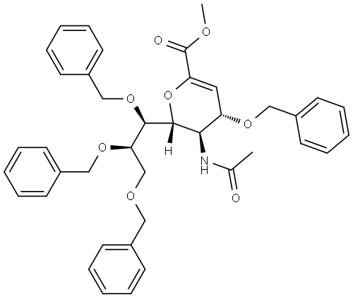 D-glycero-D-galacto-Non-2-enonic acid, 5-(acetylamino)-2,6-anhydro-3,5-dideoxy-4,7,8,9-tetrakis-O-(phenylmethyl)-, methyl ester Struktur