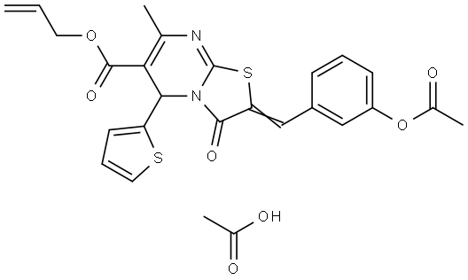 ALLYL (2E)-2-[3-(ACETYLOXY)BENZYLIDENE]-7-METHYL-3-OXO-5-(2-THIENYL)-2,3-DIHYDRO-5H-[1,3]THIAZOLO[3,2-A]PYRIMIDINE-6-CARBOXYLATE ACETATE Struktur