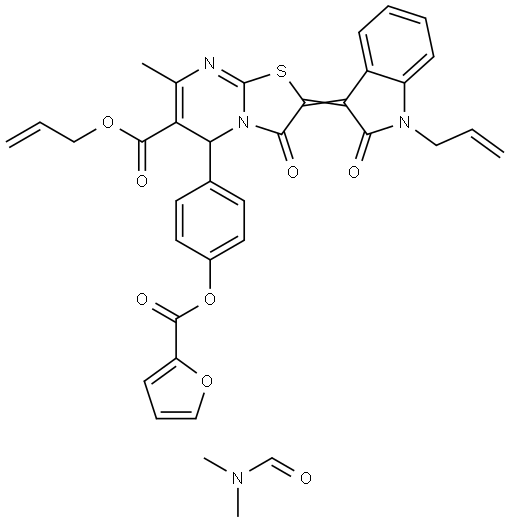 ALLYL (2Z)-2-(1-ALLYL-2-OXO-1,2-DIHYDRO-3H-INDOL-3-YLIDENE)-5-[4-(2-FUROYLOXY)PHENYL]-7-METHYL-3-OXO-2,3-DIHYDRO-5H-[1,3]THIAZOLO[3,2-A]PYRIMIDINE-6-CARBOXYLATE COMPOUND WITH DIMETHYLFORMAMIDE Struktur
