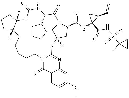 Cyclopropanecarboxamide, (2S)-2-cyclopentyl-N-[[[(1R,2R)-2-[5-(2-hydroxy-7-methoxy-4-oxo-3(4H)-quinazolinyl)pentyl]cyclopentyl]oxy]carbonyl]glycyl-(4R)-4-hydroxy-L-prolyl-1-amino-2-ethenyl-N-[(1-methylcyclopropyl)sulfonyl]-, cyclic (1→2)-ether, (1R,2S)- Struktur