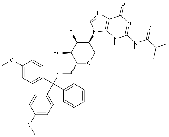 D-Allitol, 1,5-anhydro-6-O-[bis(4-methoxyphenyl)phenylmethyl]-2,3-dideoxy-2-[1,6-dihydro-2-[(2-methyl-1-oxopropyl)amino]-6-oxo-9H-purin-9-yl]-3-fluoro- Struktur