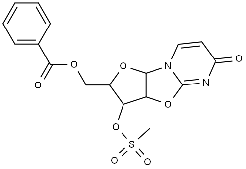 {3-[(methylsulfonyl)oxy]-6-oxo-2,3,3a,9a-tetrahydro-6H-furo[2',3':4,5][1,3]oxazolo[3,2-a]pyrimidin-2-yl}methyl benzoate Struktur