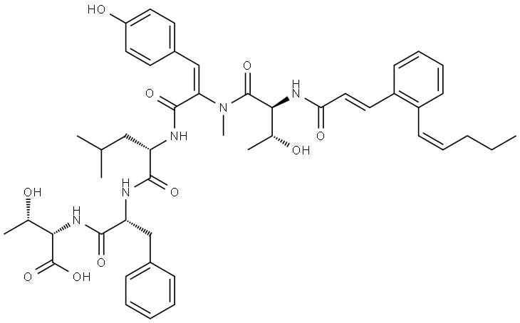 L-Allothreonine, N-[(2E)-1-oxo-3-[2-(1Z)-1-penten-1-ylphenyl]-2-propen-1-yl]-L-threonyl-(αE)-α,β-didehydro-N-methyltyrosyl-L-leucyl-D-phenylalanyl- Struktur