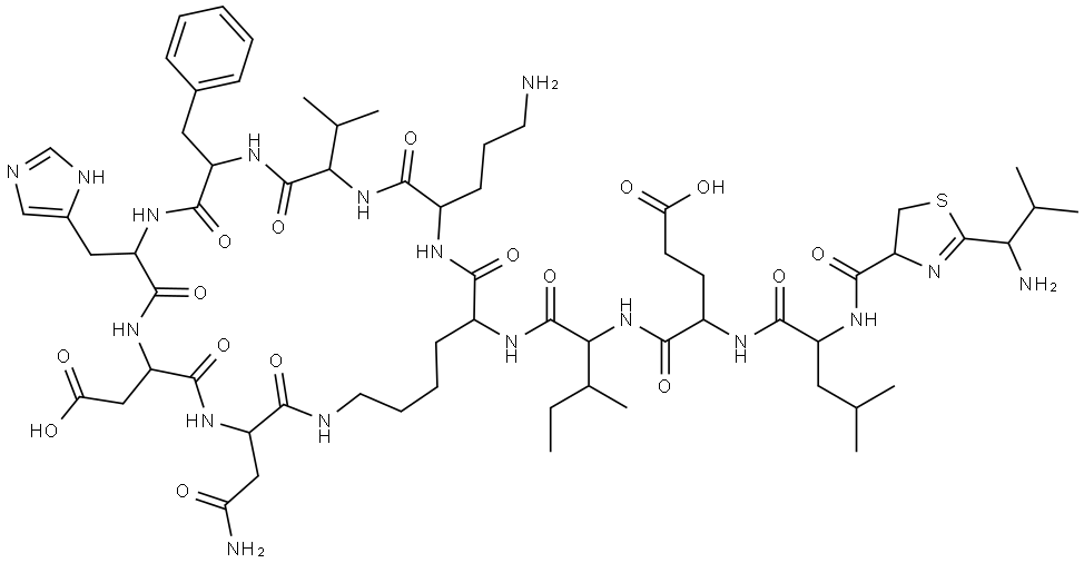 L-Asparagine, N-[[(4R)-2-[(1S)-1-amino-2-methylpropyl]-4,5-dihydro-4-thiazolyl]carbonyl]-L-leucyl-D-α-glutamyl-L-isoleucyl-L-lysyl-D-ornithyl-L-valyl-D-phenylalanyl-L-histidyl-D-α-aspartyl-, (10→4)-lactam Struktur