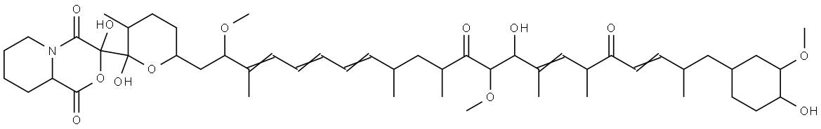 Pyrido[2,1-c][1,4]oxazine-1,4(3H,6H)-dione, tetrahydro-3-hydroxy-3-[tetrahydro-2-hydroxy-6-[14-hydroxy-22-(4-hydroxy-3-methoxycyclohexyl)-2,13-dimethoxy-3,9,11,15,17,21-hexamethyl-12,18-dioxo-3,5,7,15,19-docosapentaenyl]-3-methyl-2H-pyran-2-yl]-, [2R-[2α,2(3R*,9aS*),3α,6β[2S*,3E,5E,7E,9S*,11R*,13R*,14R*,15E,17R*,19E,21R*,22(1S*,3R*,4R*)]]]- Struktur