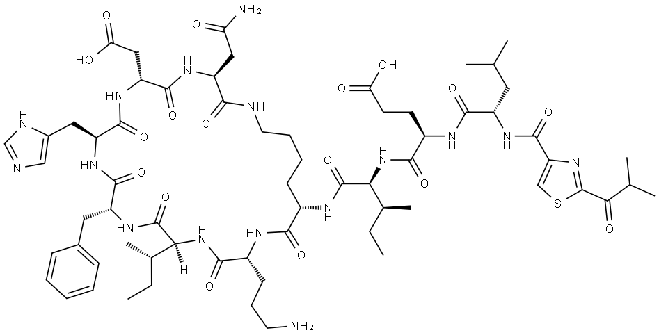 L-Asparagine, N-[[2-(2-methyl-1-oxopropyl)-4-thiazolyl]carbonyl]-L-leucyl-D-α-glutamyl-L-isoleucyl-L-lysyl-D-ornithyl-L-isoleucyl-D-phenylalanyl-L-histidyl-D-α-aspartyl-, (10→4)-lactam Struktur